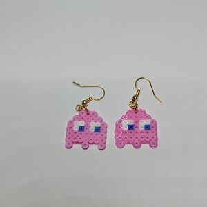 Pinky Pac-Man Ghost  Pink Perler Fuse Bead Earrings | Pixel Art
